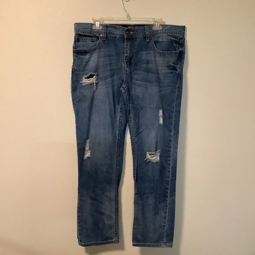Seven 7 mens 36X32 distressed skinny 100% cotton denim blue jeans